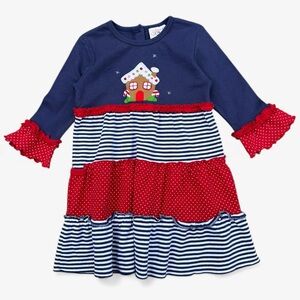 Luigi Kids Holiday Gingerbread Striped Dress Navy/Red Girls 4T